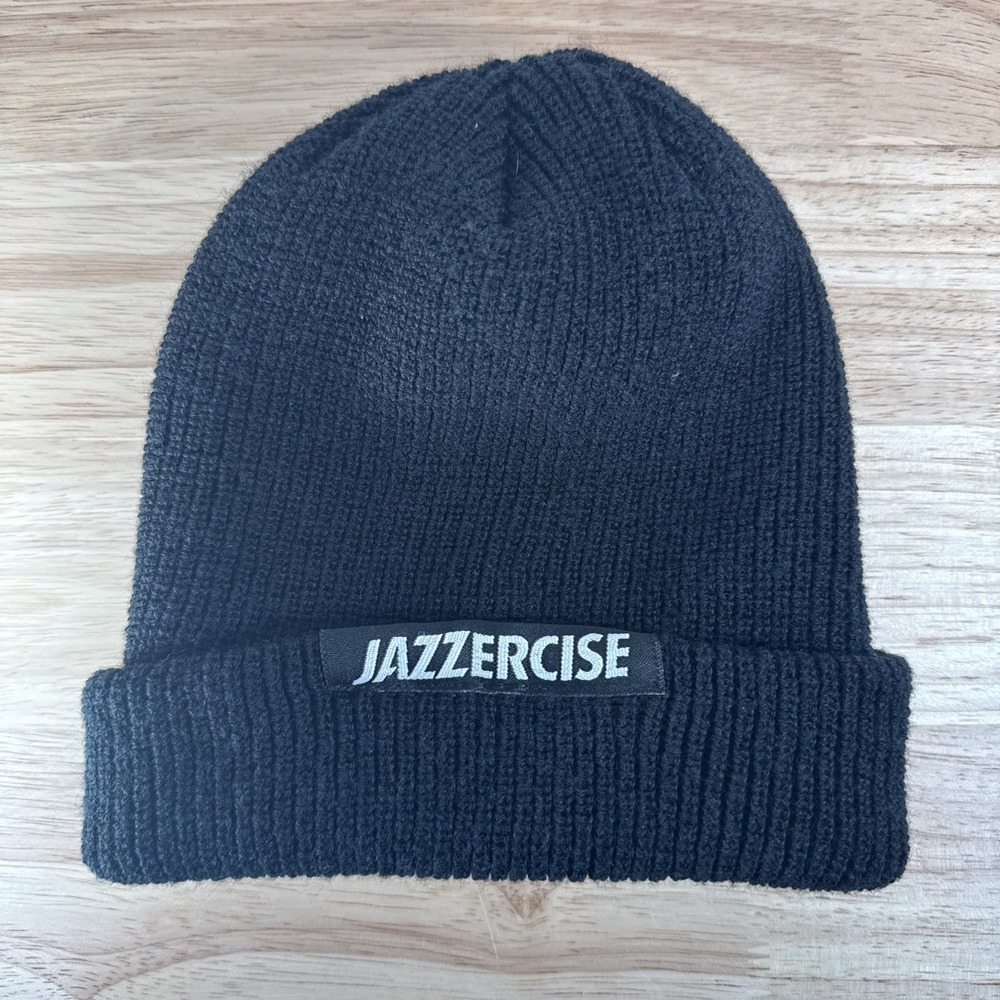 Jazzercise One Size Black Beanie White Logo Work Out Hat Winter Knit Stretch